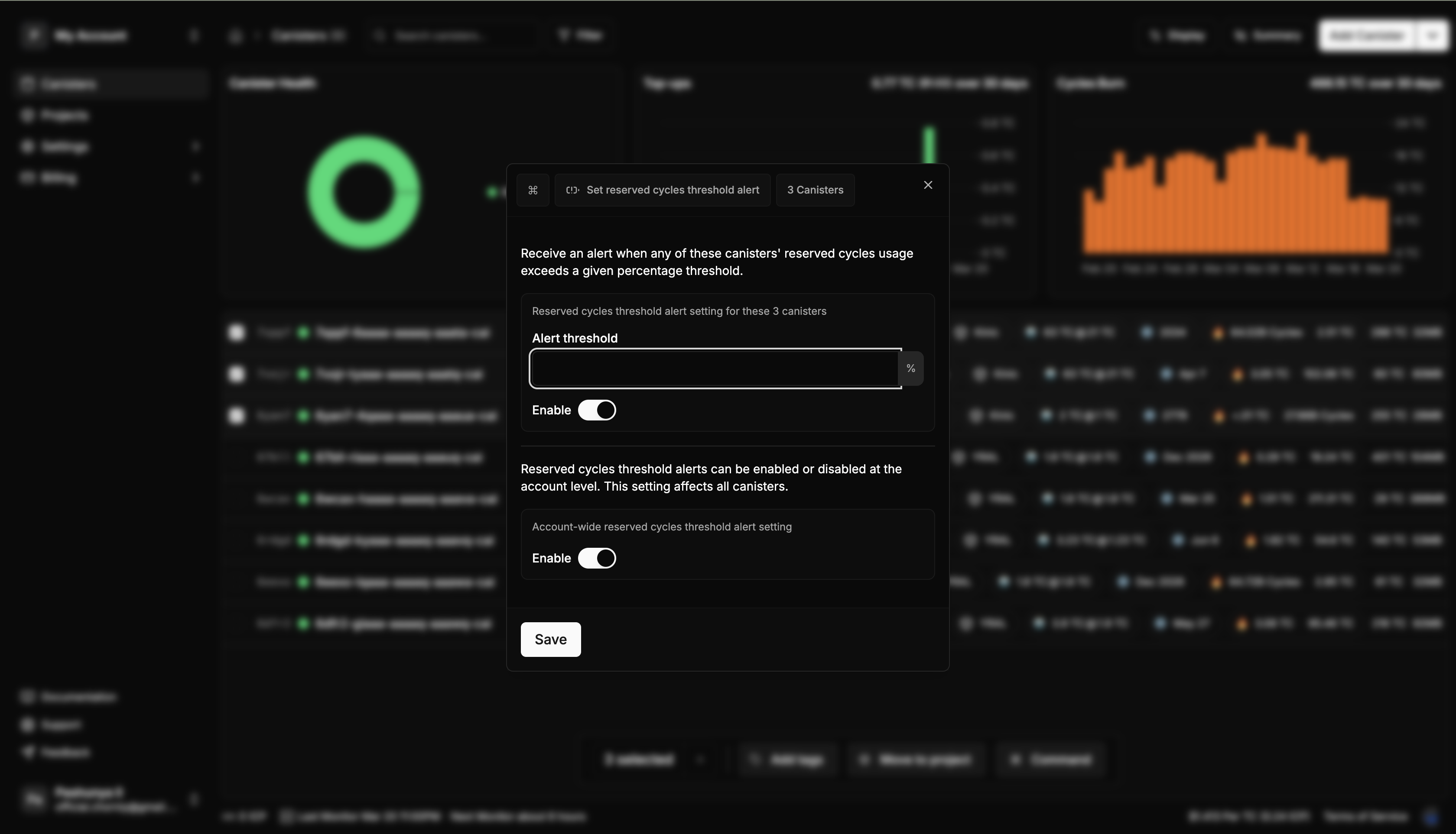 Alert Configuration - Screenshot showing the Reserved Cycles Limit alert configuration interface with both sections