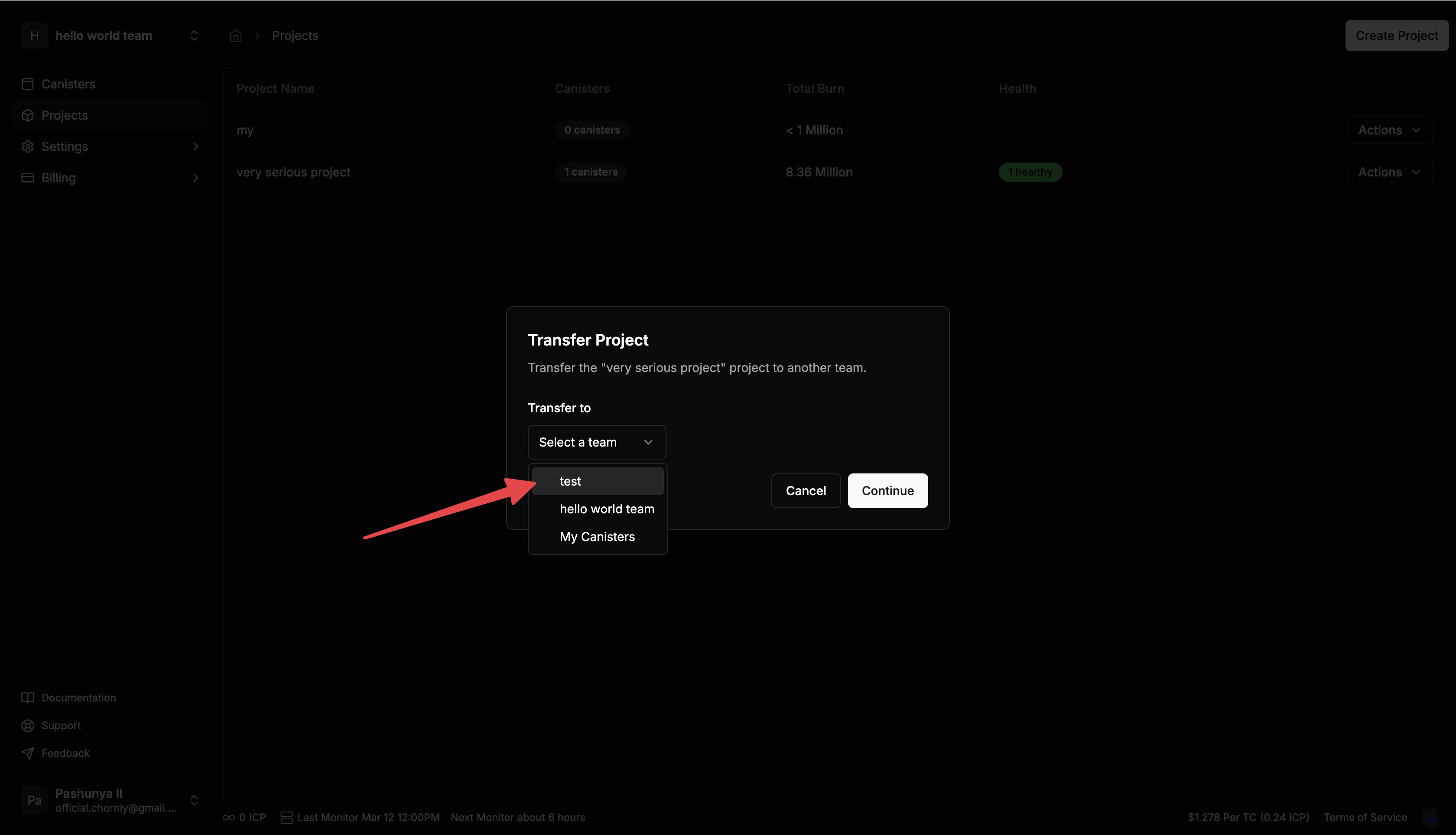 Team Selection - Screenshot should show the dialog for selecting which team to transfer the project to